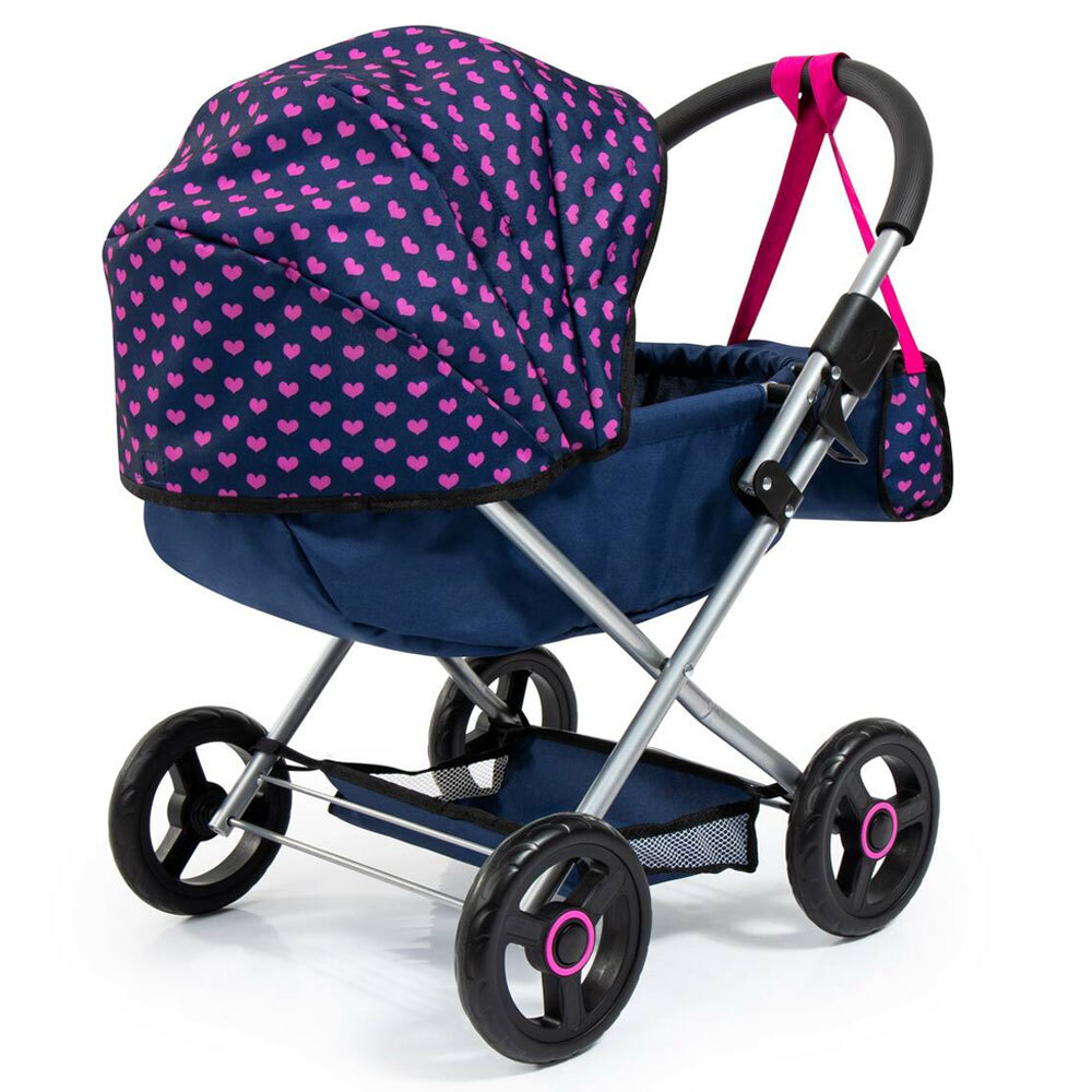 Bayer Cosy Doll Pram - Dark Blue w/ Pink Hearts - Online | KG Electronic