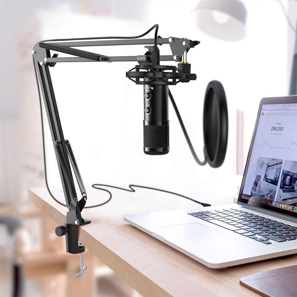 KG Fifine Technology Silver USB Condenser Microphone With Desk