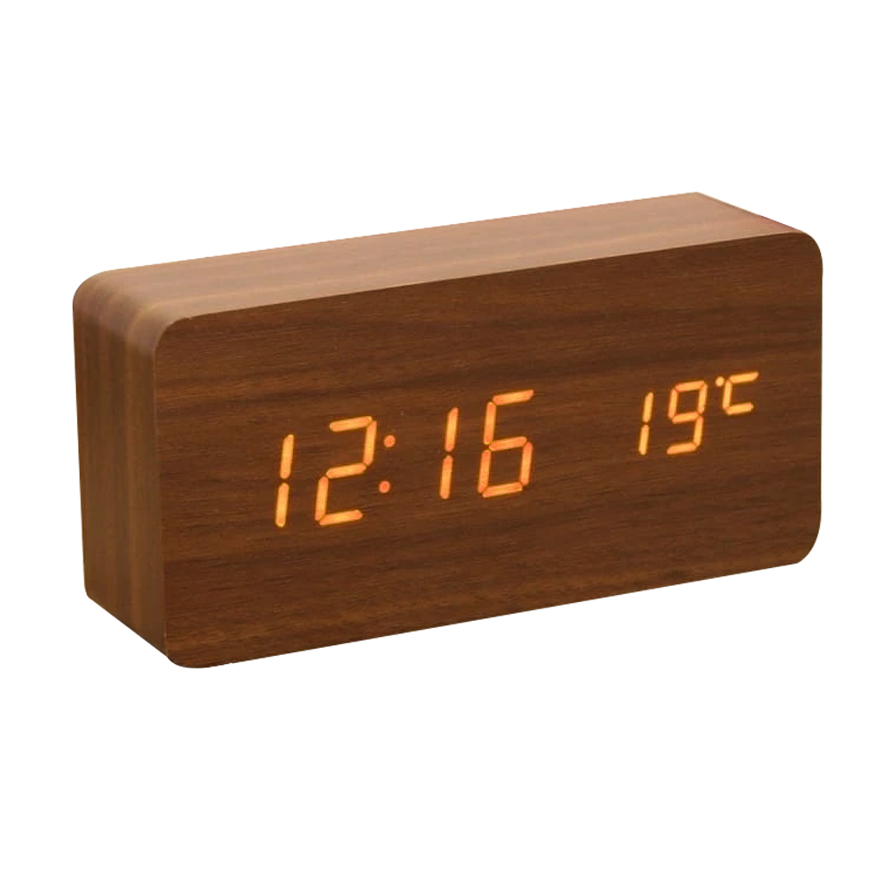 LED Digital Sound/Voice Activated 15cm Wooden Alarm Clock w/Temperature ...