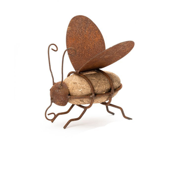 Garden Rust Metal 16cm Rock Bee Ornament Decor - Brown