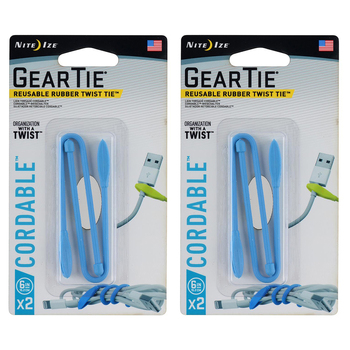 2x 2pc Nite Ize 6in Gear Tie Cordable Rubber Twist Organiser - Bright Blue