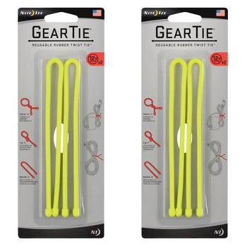 2x 2pc Nite Ize Gear Tie 12in Reusable Rubber Twist Organiser - Yellow