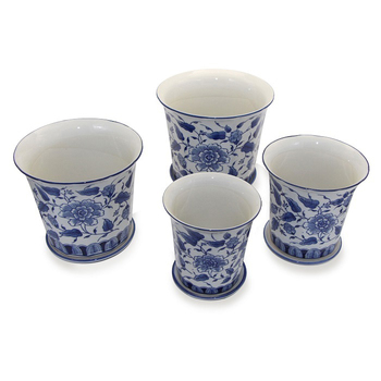 4pc Fluted Ceramic Pot Planter w/ Saucer Garden Decor - Blue