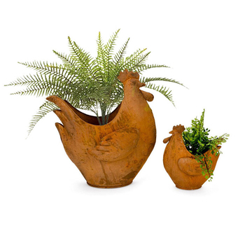 2pc Garden 16/30cm Metal Chicken Planter Set - Brown