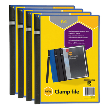 4PK Marbig Clear Front File Document A4 Spine Clamp - Blue