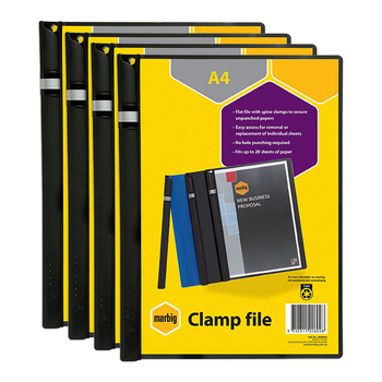4PK Marbig Clear Front File Document A4 Spine Clamp - Black
