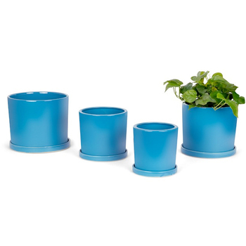 4pc Cylindrical Pot Planter w/ Saucer Set - Warm Blue