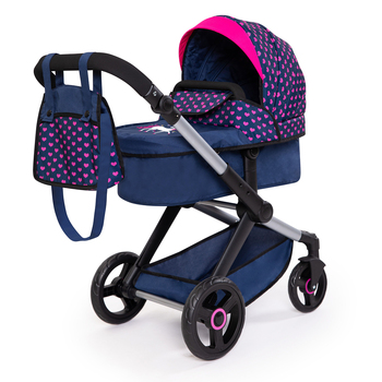 Bayer Xeo Compact Doll Pram Dark Blue w/ Pink Heart Print Kids 3y+