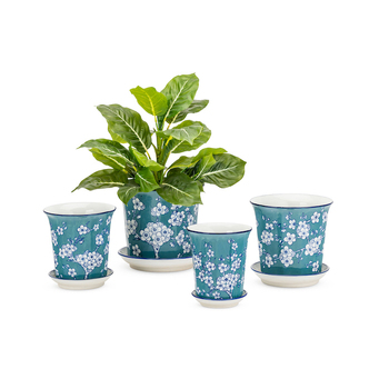 4pc Fluted Pot Planter w/ Saucer Set Garden Decor - Jade/White