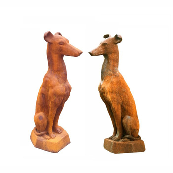 2pc Dogs Sitting Animal Sculptre Cast Iron Rust Garden Decor - Brown