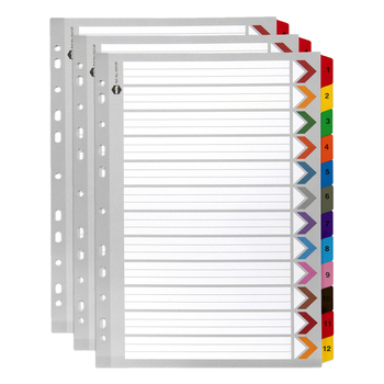 3PK Marbig 1-12 Tab Coloured A4 Ring Binder Plastic Divider Organiser