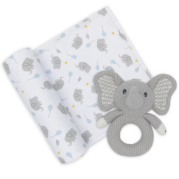 Living Textiles Jersey Swaddle & Rattle Mason/Elephant