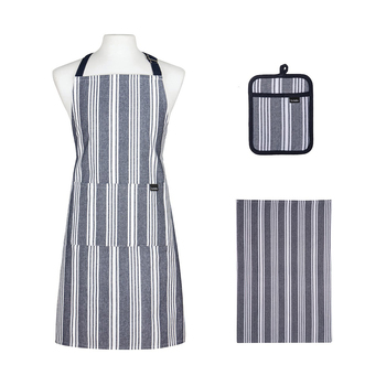 3pc Ladelle Eco Stripe Apron/Potholder/Towel Kitchen Accessory Set Navy