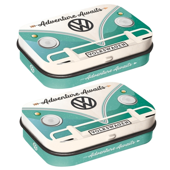 2PK Nostalgic Art 6cm Mint Tin Box VW Bulli Adventure Awaits Fresh Breath Candy