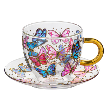 Ashdene Natures Keepers Double Walled 350ml Glass Cup & Saucer - Butterfly