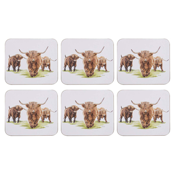 6pc Ashdene Hardboard/Cork Highland Herd Coaster Set