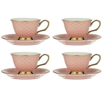 4x Ashdene New Bone China Blush Ripple Cup & Saucer Set - Pink