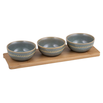 4pc Ladelle Cameo Stoneware/Bamboo Bowl & Tray Set - Sage