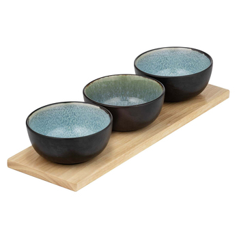 4pc Ladelle Fusion Stoneware/Oak Bowl & Tray Set Round - Teal