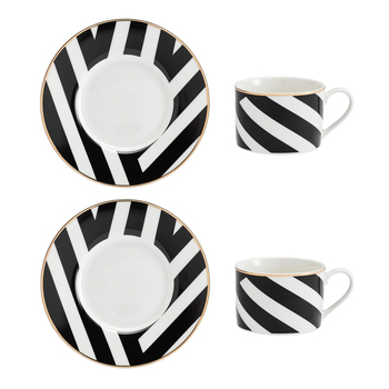 4pc Mikasa Luxe Deco China Tea Cups and Saucers with Geometric Stripe Set 200ml