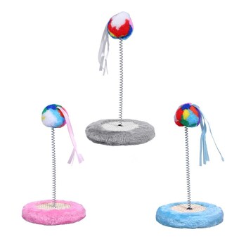 3PK Paws & Claws Cat Scratch Pad With Spring Pom Pom Toy 13.5x26.5cm Assorted