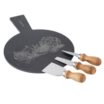 4pc Tempa Tuscany Round Cheese Knife Set w/ Slate Board 20x0.7x28cm