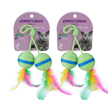 2x Paws & Claws 20cm Twin Ball & Feather Catnip Toy - Assorted