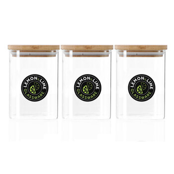 3PK Lemon & Lime Camden Square Glass Jar Bamboo Lid 550Ml