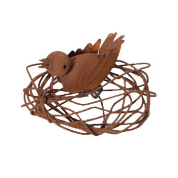 Garden 13cm Metal Bird on Nest Rust Outdoor Decor