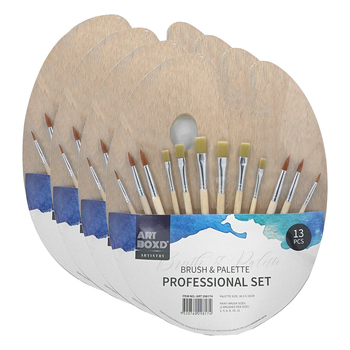 4x 13pc Art Boxd Wooden Paint Brushes And Palette Set 30.5x23cm