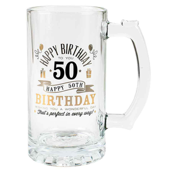 Tankard Beer Stein Glass Happy 50th Birthday To You Gold/Silver Foil Print 470ml