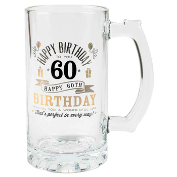 Tankard Beer Stein Glass Happy 60th Birthday To You Gold/Silver Foil Print 470ml