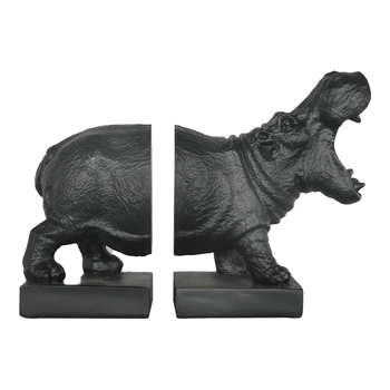 2pc White Moose 26x19cm Resin Hippo Bookend Set - Black