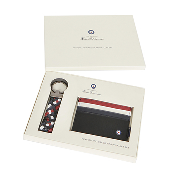 Ben Sherman 10cm Men's Leather Credit Card Wallet & Keyring - Navy/Red