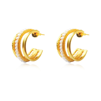 Culturesse Bijoux 3cm 24K Trio Hoop Earrings For Pierced Ears - Pure Gold/Pearl