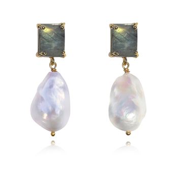 Culturesse Carlotta 24K Baroque 5cm Pearl Drop Earrings Labradorite Crystal