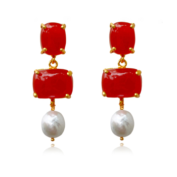 Culturesse Carmine Carnelian 55mm Pearl Drop Earrings For Pierced Ears - Amber/Gold 