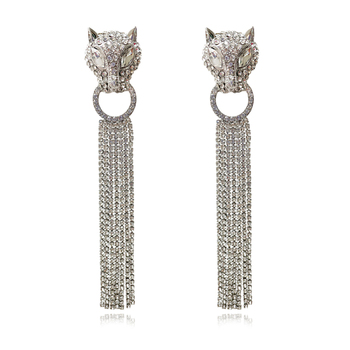 Culturesse Chase Oversized 14cm Diamante Leopard Drop Earrings - Silver