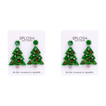 2PK Splosh Christmas Tree Drop Earrings Stainless Steel Fashion Jewellery 6.5cm