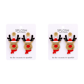 2PK Splosh Christmas Rudolph Drop Earrings Stainless Steel Fashion Jewellery 6.5cm