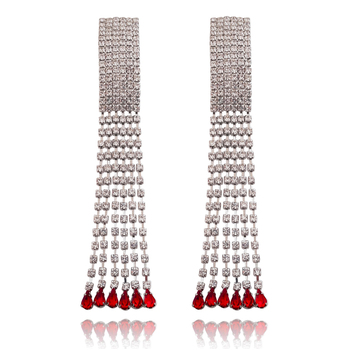 Culturesse Lemaire 30cm Catwalk Diamante Drop Tassel Earrings - Silver