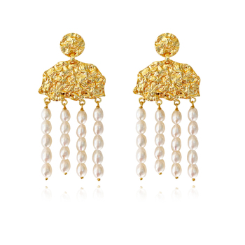 Culturesse 86mm Jacinthe Luxury 24K Sculpture Drop Earrings - Gold/Pearl