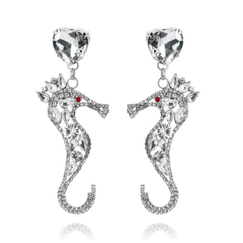 Culturesse Lexi 90mm Seahorse Rhinestone Drop Earrings For Pierced Ears - Silver