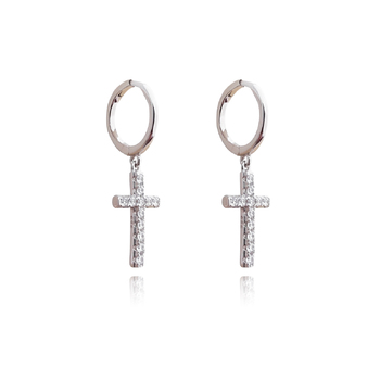 Culturesse Trinity 30mm Cross Huggie Drop Earrings - Silver