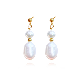 Culturesse Rhea Twin 22mm Freshwater Drop Earrings - Pearl/Gold