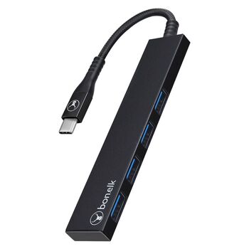 Bonelk Long-Life USB-C to 4-Port USB 3.0 Slim Hub For Laptop/PC - Black