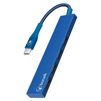 Bonelk Long-Life USB-C to 4-Port USB 3.0 Slim Hub For Laptop/PC - Blue