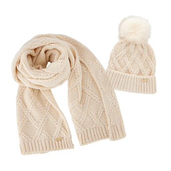 2pc Elle Women's Diamond Beanie & Scarf Set Cream