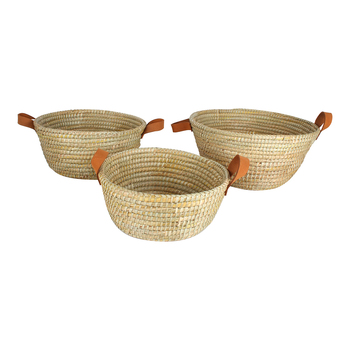 3pc Maine & Crawford Noosa Palm Leaf Basket Set w/ Leather Handle - Natural