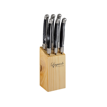 7pc Laguiole Etiquette Steak Knife Set w/ Square Block - Marble Black